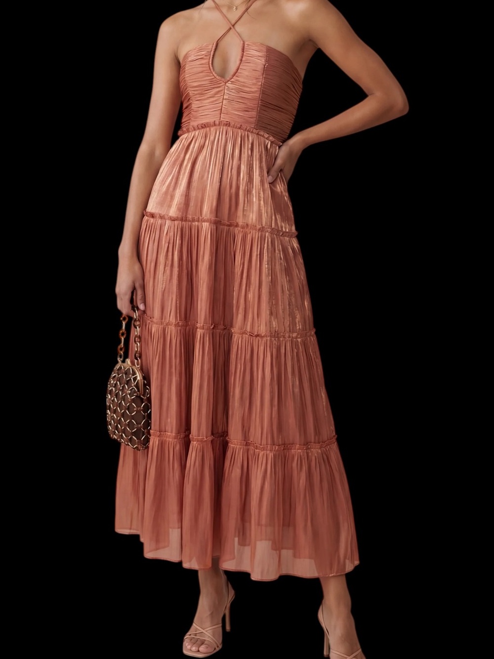 Few Moda o.p.t. East Dress Strappy Tiered Maxi Rust Shimmery NWT